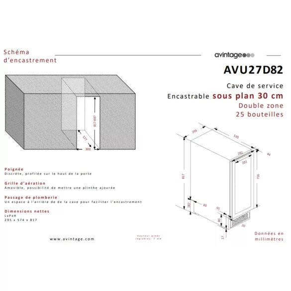 Avintage Borhűtő AVU27D82 pult alá építhető és szabadonálló, 25 palack