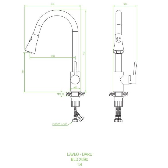 Laveo DARU Kihúzható zuhanyváltós csaptelep, szemcsés fekete