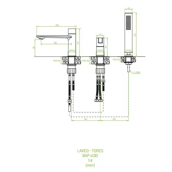 LAVEO TORES süllyesztett kádcsap, 3 részes, fekete