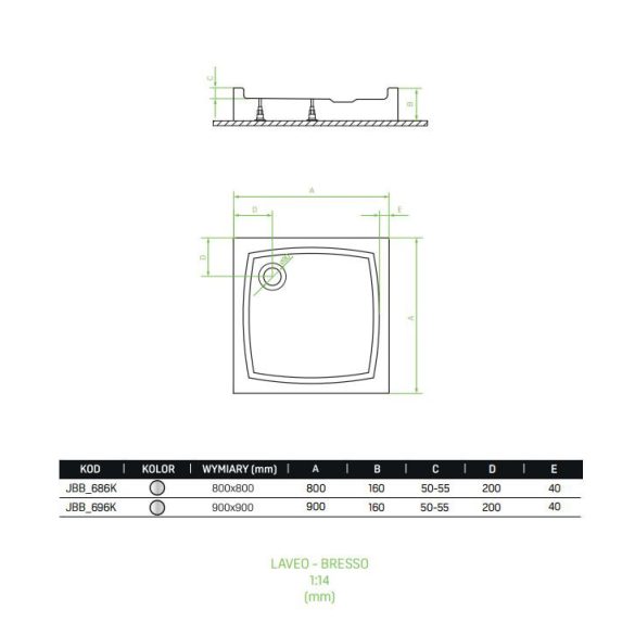 LAVEO BRESSO akril fehér zuhanytálca, 90 cm, magasság: 16 cm, mélység: 5 cm
