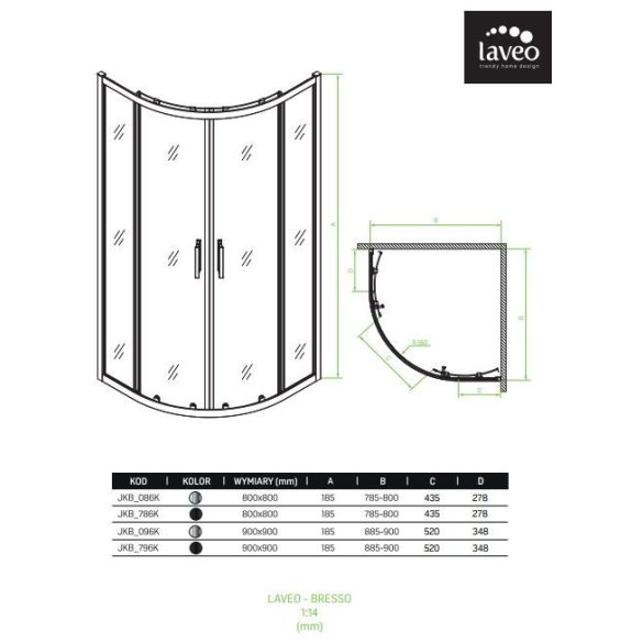 LAVEO BRESSO félkör zuhanykabin 90x90x185 cm átlátszó üveg/fekete