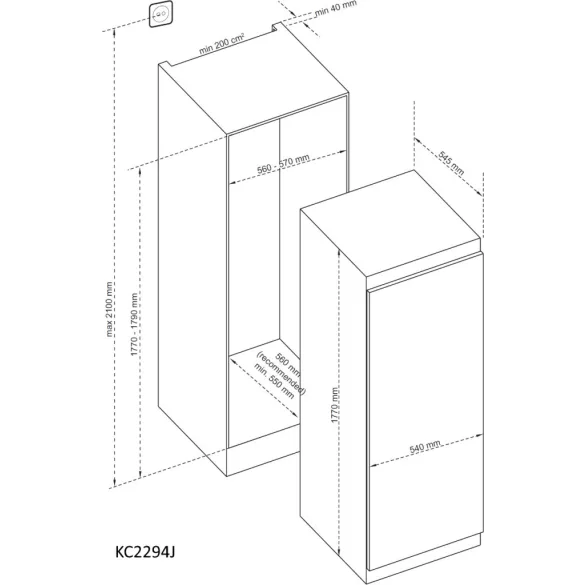 Kluge beépíthető egyajtós hűtőszekrény, 162L/16L