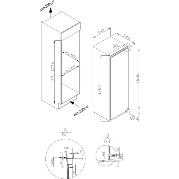 Kluge beépíthető hűtőszekrény felül fagyasztórekesszel 253L/33L