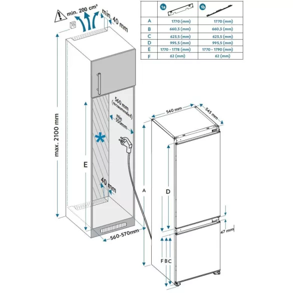 Kluge beépíthető kombi hűtőszekrény alul fagyasztóval, DualNoFrost, 170L/63L