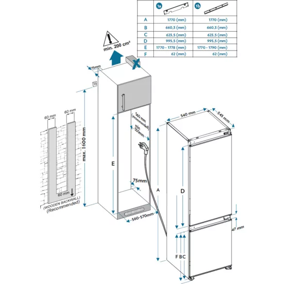 Kluge beépíthető kombi hűtőszekrény alul fagyasztóval, DualNoFrost, 180L/63L