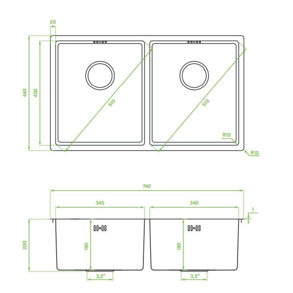 LAVEO MARMARA kétmedencés inox mosogató