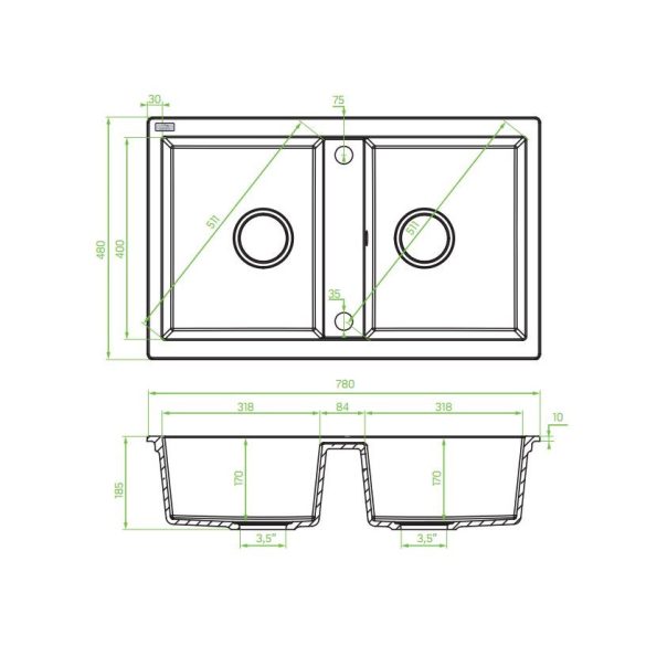 LAVEO BARBADOS jázmin kétmedencés mosogató automata dugókiemelős, helytakarékos szifonnal