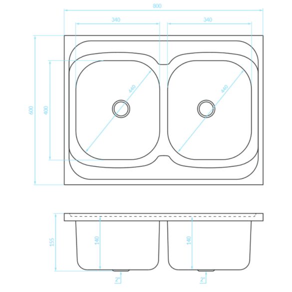 LAVEO LON 60 2M teletetős kétmedencés inox mosogató szifonnal K.