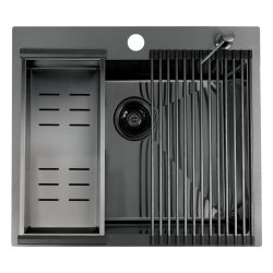   LAVEO MALAWI inox grafit színű mosogató rollmattal, maradékgyűjtővel és adagolóval