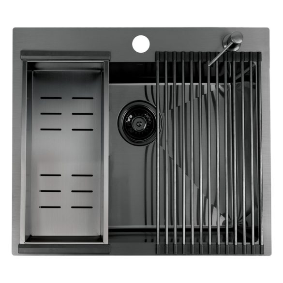 LAVEO MALAWI inox grafit színű mosogató rollmattal, maradékgyűjtővel és adagolóval