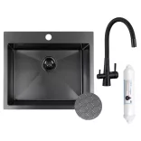 LAVEO MALAWI inox grafit színű beépíthető inox mosogató szifonnal, RIVECO vízszűrős szettel, 50x58x20 cm