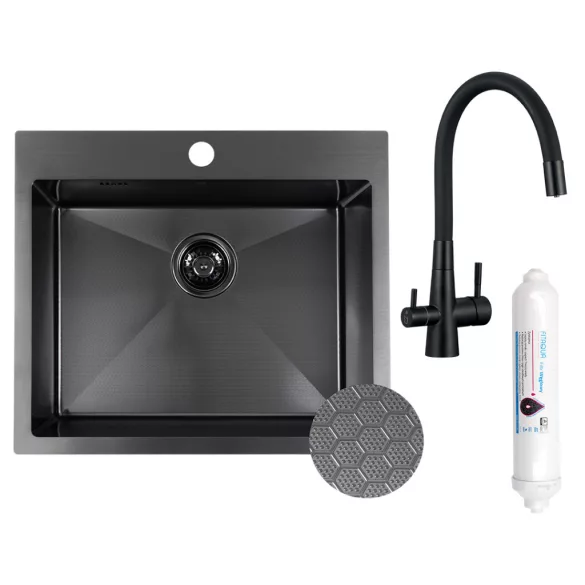 LAVEO MALAWI inox grafit színű beépíthető inox mosogató szifonnal, RIVECO vízszűrős szettel, 50x58x20 cm