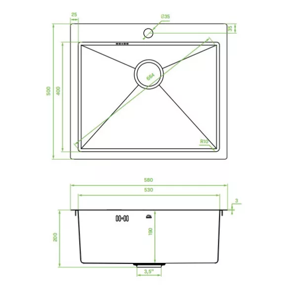 LAVEO MALAWI inox grafit színű beépíthető inox mosogató szifonnal, RIVECO vízszűrős szettel, 50x58x20 cm