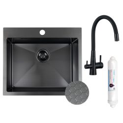   LAVEO MALAWI fekete színű, struktúrált felületű beépíthető inox mosogató szifonnal, RIVECO vízszűrős szettel, 50x58x20 cm