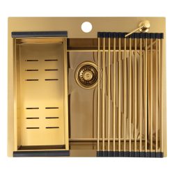   LAVEO MALAWI arany színű beépíthető inox mosogató szifonnal, rollmat csepegtetővel, gyümölcsmosóval, mos.szer adagolóval, 50x58x20 cm