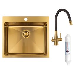   LAVEO MALAWI arany színű beépíthető inox mosogató szifonnal, RIVECO vízszűrős szettel, 50x58x20 cm
