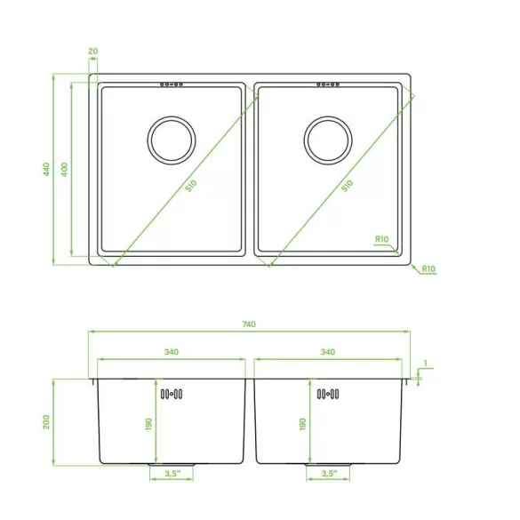 LAVEO ROSS kétmedencés inox mosogató