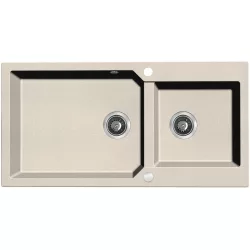   Laveo MILOS 2M 100 kétmedencés bézs gránit mosogató helytakarékos dugókiemelős szifonnal