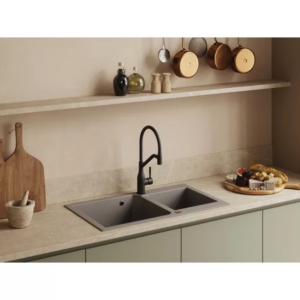 Laveo MILOS 2M 90 kétmedencés gránit szürke mosogató helytakarékos dugókiemelős szifonnal