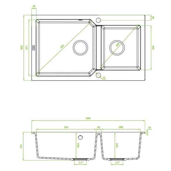 Laveo MILOS 2M 90 kétmedencés gránit szürke mosogató helytakarékos dugókiemelős szifonnal
