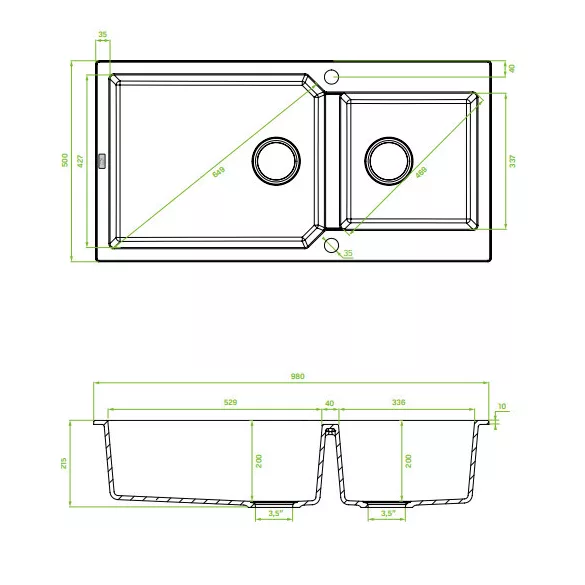 Laveo MILOS 2M 100 kétmedencés fehér gránit mosogató helytakarékos dugókiemelős szifonnal
