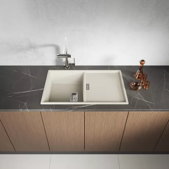 Laveo TONGA bézs csepptálcás gránit mosogató helytakarékos szifonnal