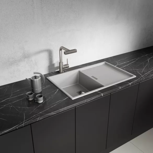 Laveo TONGA szürke csepptálcás gránit mosogató helytakarékos szifonnal