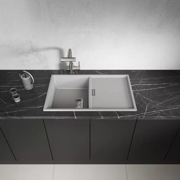 Laveo TONGA szürke csepptálcás gránit mosogató helytakarékos szifonnal