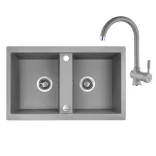 Laveo BARBADOS szürke kétmedencés szett álló csappal, dugókiemelős helytakarékos szifonnal