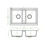 Laveo BARBADOS szürke kétmedencés szett álló csappal, dugókiemelős helytakarékos szifonnal