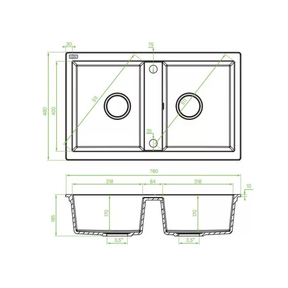 Laveo BARBADOS szürke kétmedencés szett álló csappal, dugókiemelős helytakarékos szifonnal