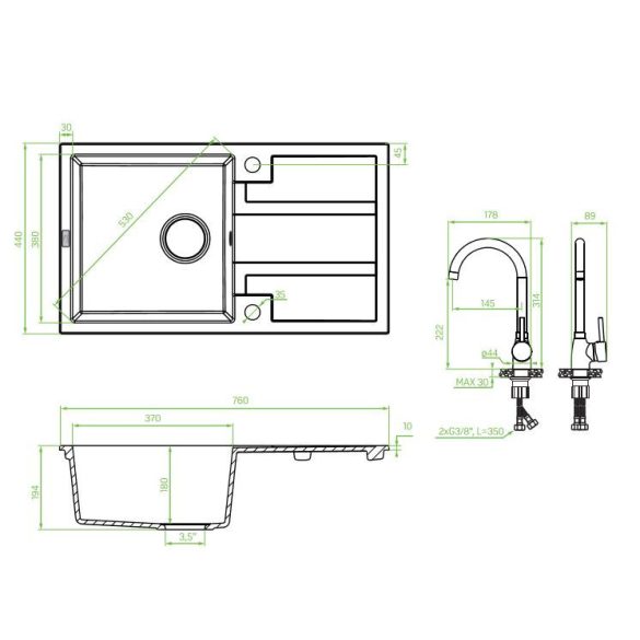 Laveo BARBADOS csepptálcás szemcsés fekete szett álló csappal dugókiemelős helytakarékos szifonnal