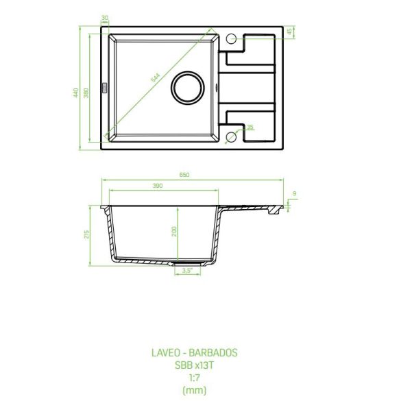 Laveo BARBADOS szürke mini csepptálcás mosogató dugókiemelős helytakarékos szifonnal