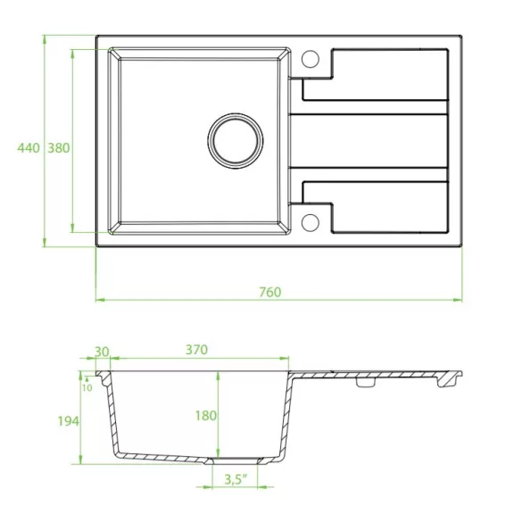 Laveo BARBADOS szemcsés fekete csepptálcás mosogató dugókiemelős helytakarékos szifonnal