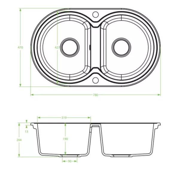 Laveo DAFNE kétkör szürke mosogató dugókiemelős helytakarékos szifonnal
