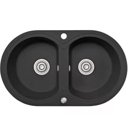   Laveo DAFNE kétkör szemcsés fekete mosogató dugókiemelős helytakarékos szifonnal