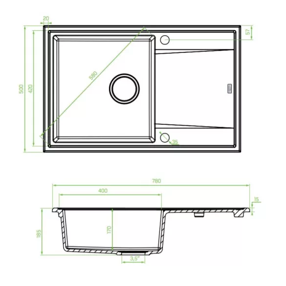 Laveo MEGALO csepptálcás szürke mosogató dugókiemelős helytakarékos szifonnal