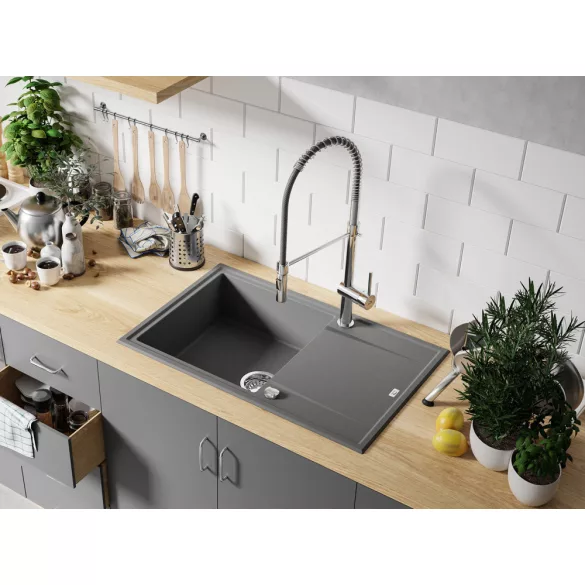 Laveo MEGALO csepptálcás szürke mosogató dugókiemelős helytakarékos szifonnal