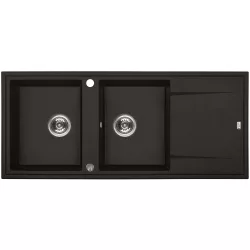   Laveo MEGALO kétmedence csepptálcás matt fekete mosogató dugókiemelős, helytakarékos szifonnal