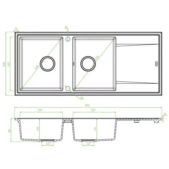 Laveo MEGALO kétmedence csepptálcás matt fekete mosogató (SBE_721R)