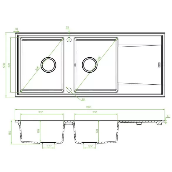 Laveo MEGALO kétmedence csepptálcás szemcsés fekete mosogató dugókiemelős helytakarékos szifonnal