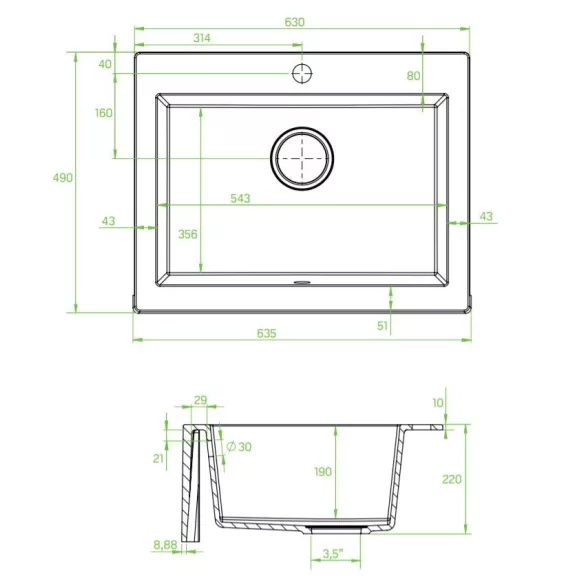 Laveo KOMODO fehér mosogató helytakarékos szifonnal
