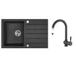 Laveo MARGARITA szemcsés fekete szett álló csappal, automata dugókiemelős, helytakarékos szifonnal