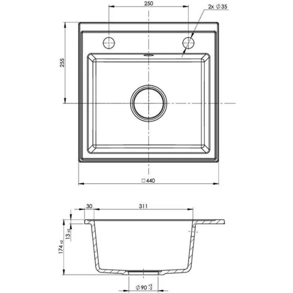 Laveo RINA egymedencés bézs mosogató csaplyukkal, automata dugókiemelős, helytakarékos szifonnal