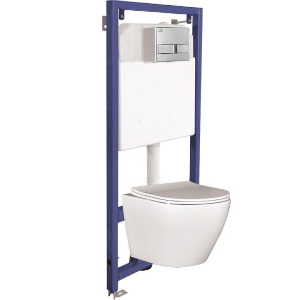 LAVEO AKAN / DESNA WC-szett rejtett fali tartállyal, króm öblítővel, fali WC-vel, keskeny ülőkével